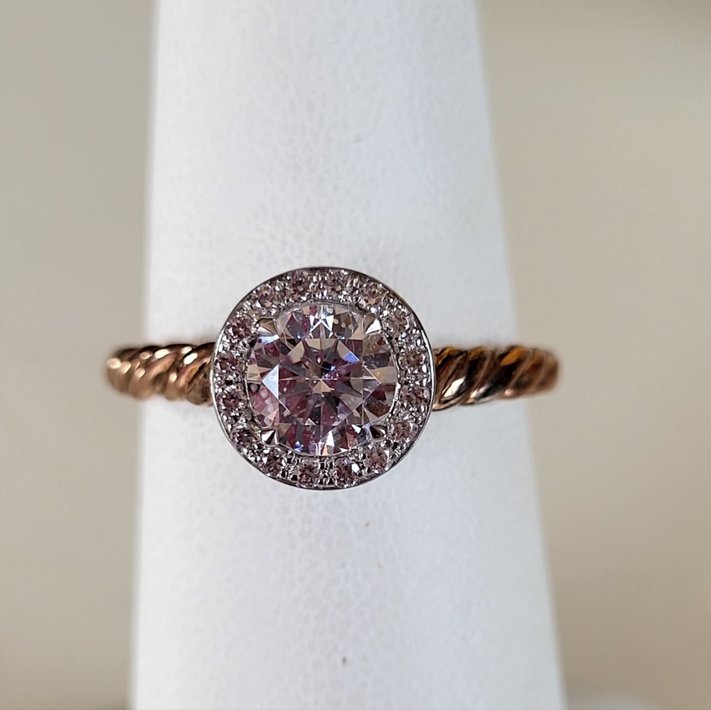 Naledi Sterling Silver Round CZ Halo Ring. Size 6.5. Rose Gold Plated.
